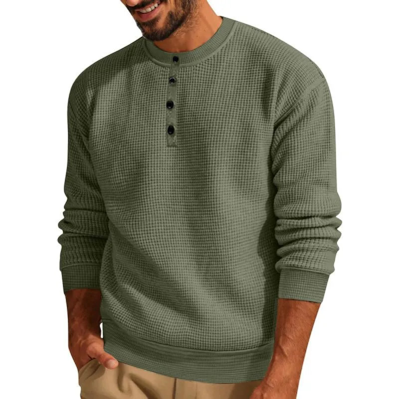 Men's Loose Crew Neck Waffle Henley Sweatshirt 92516898X sold by Manly