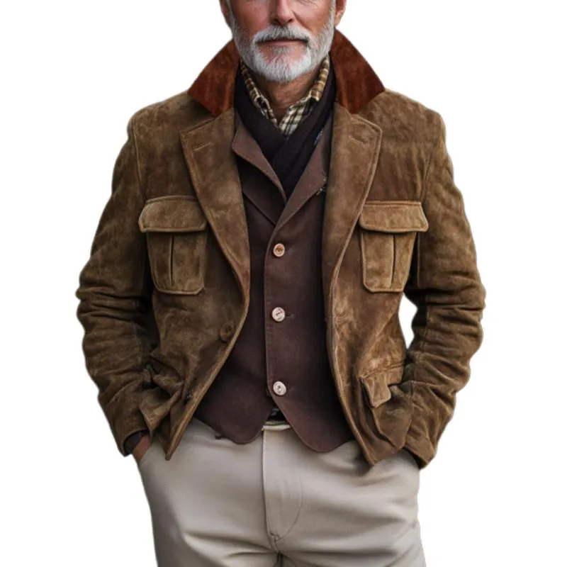 Men's Vintage Suede Colorblock Lapel Multi-Pocket Jacket 85164005Y sold by Manly