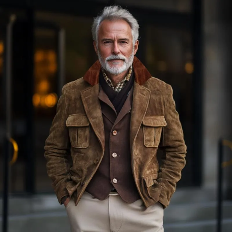 Men's Vintage Suede Colorblock Lapel Multi-Pocket Jacket 85164005Y sold by Manly product image thumbnail 3