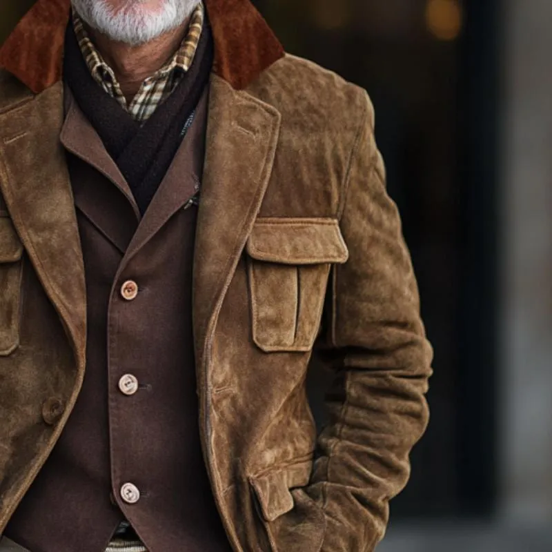 Men's Vintage Suede Colorblock Lapel Multi-Pocket Jacket 85164005Y sold by Manly product image thumbnail 2