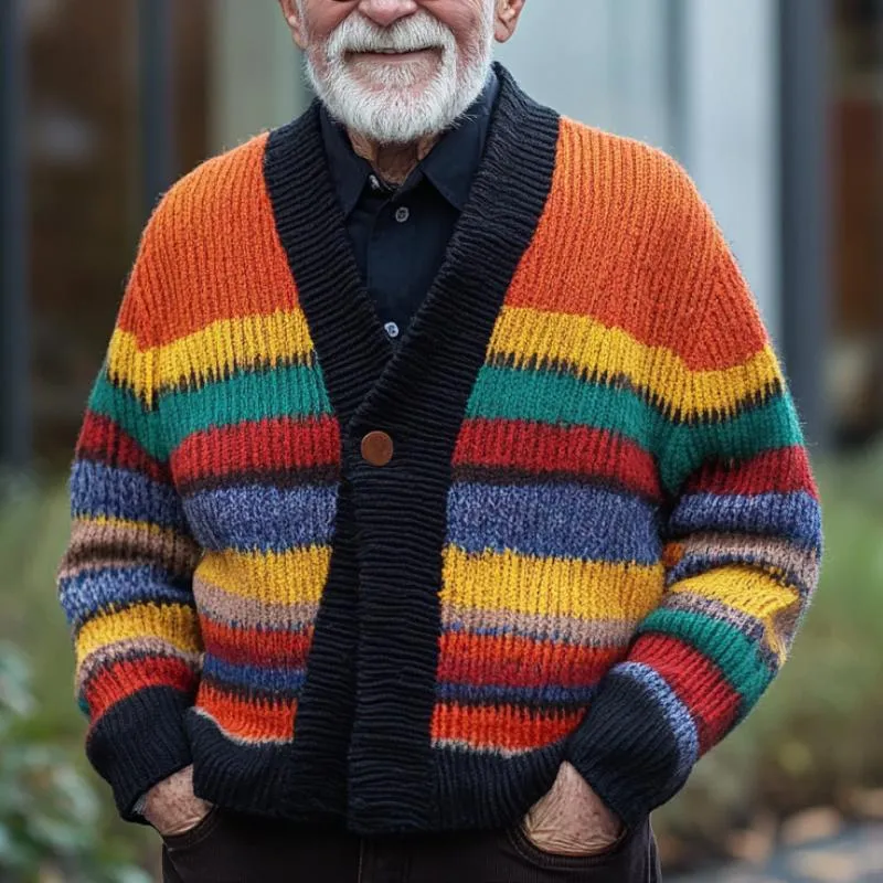 Men's Retro Color Striped Stitching Collarless Single Button Knitted Cardigan 04642178Y sold by Manly product image thumbnail 4