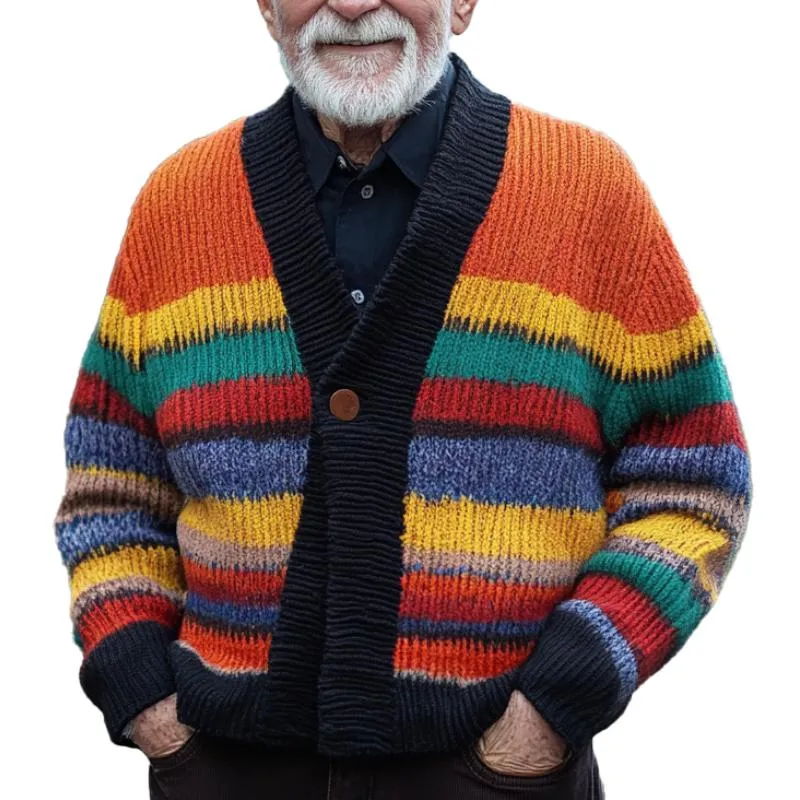 Men's Retro Color Striped Stitching Collarless Single Button Knitted Cardigan 04642178Y sold by Manly