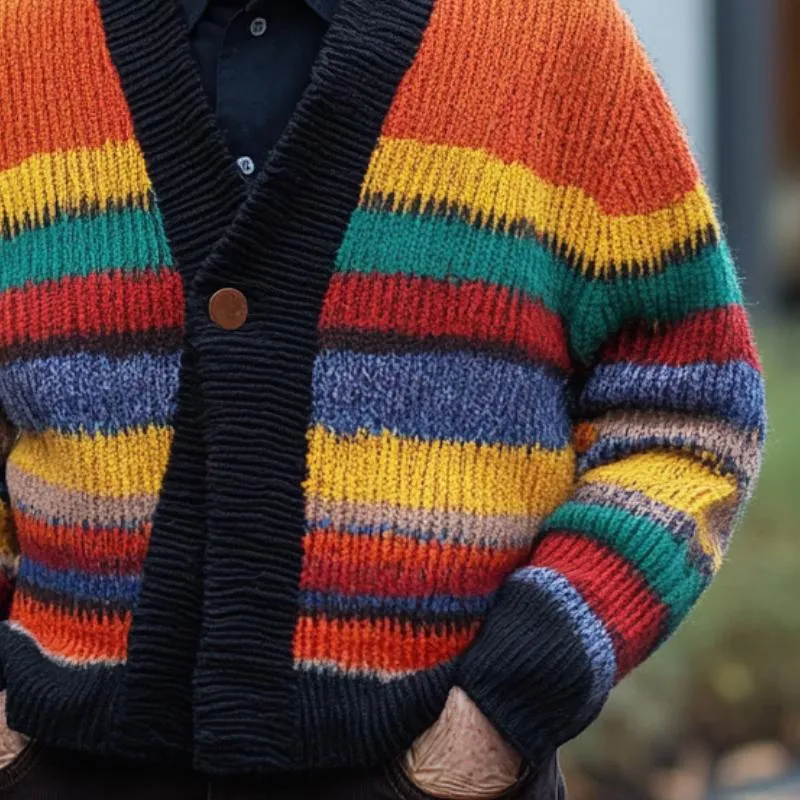 Men's Retro Color Striped Stitching Collarless Single Button Knitted Cardigan 04642178Y sold by Manly product image thumbnail 2