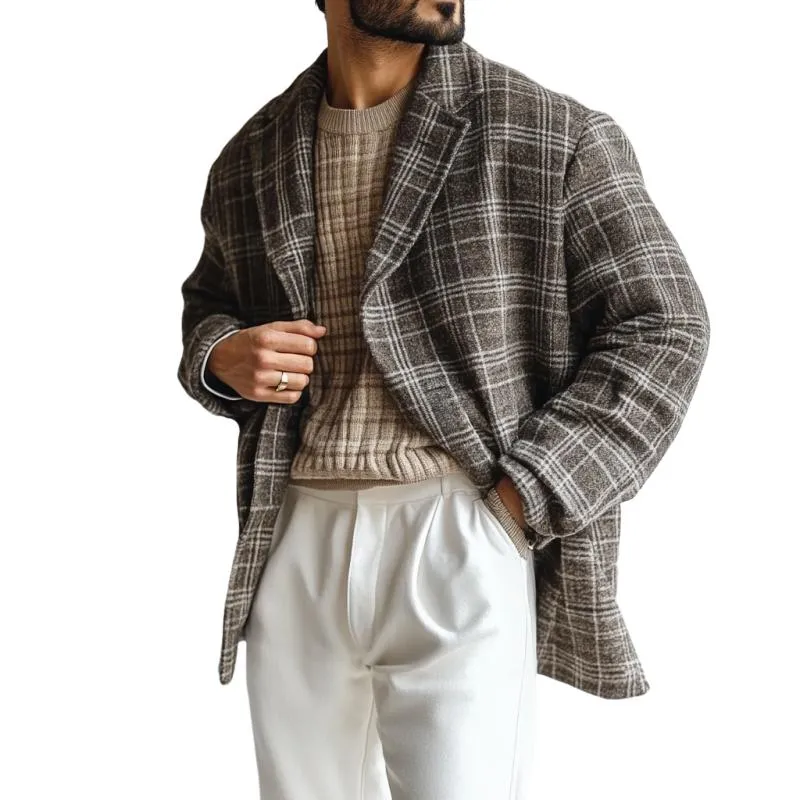 Men's Vintage Checkered Woolen Print Loose Coat 44741571Y sold by Manly