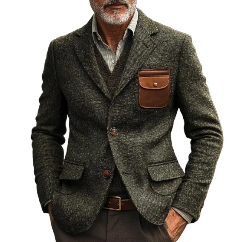 Men's Vintage Woolen Patchwork Leather Single-Breasted Blazer 82034271Y sold by Manly