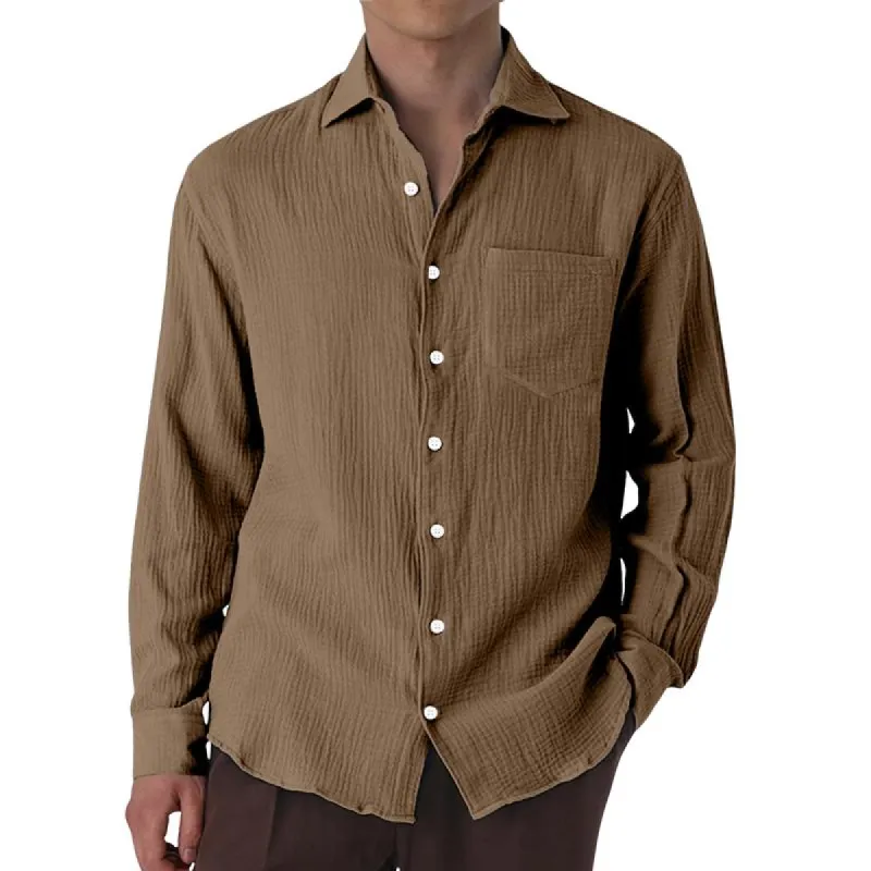 Men's Casual Cotton Linen Pleated Lapel Patch Pocket Slim Fit Long Sleeve Shirt 86231655M sold by Manly