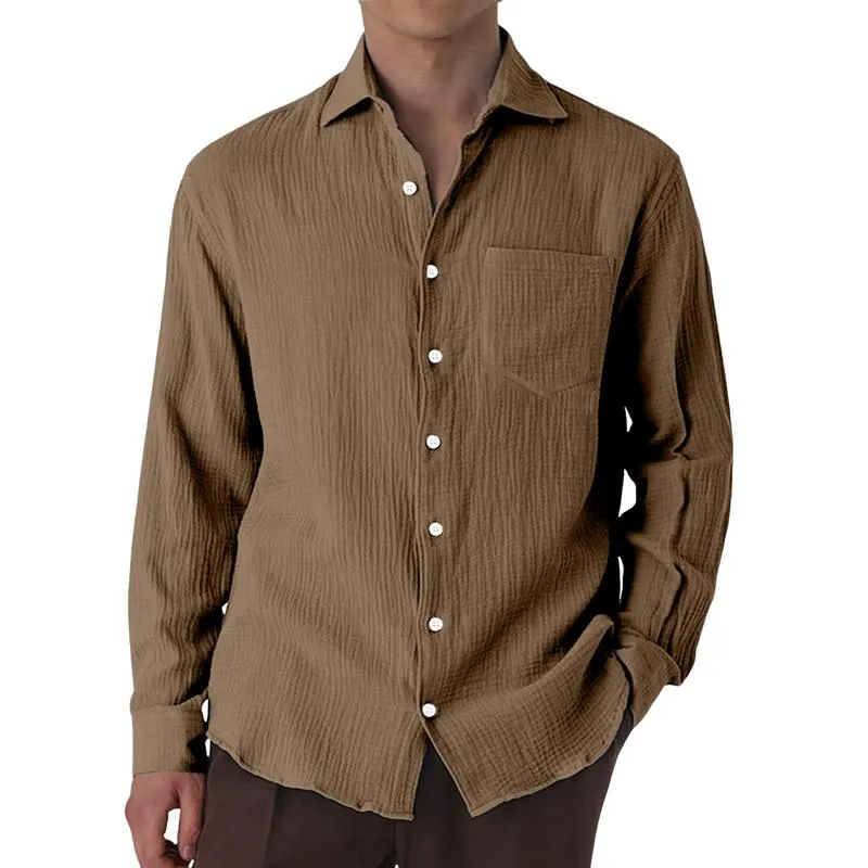 Men's Casual Cotton Linen Pleated Lapel Patch Pocket Slim Fit Long Sleeve Shirt 86231655M sold by Manly
