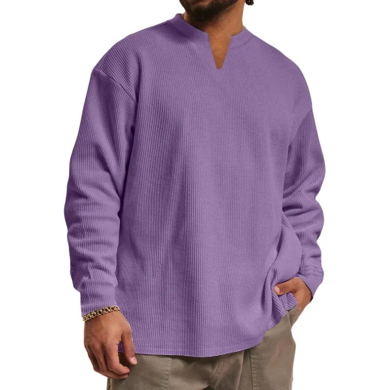 Men's Casual V-neck Waffle Loose Long Sleeve T-shirt 30473989M sold by Manly