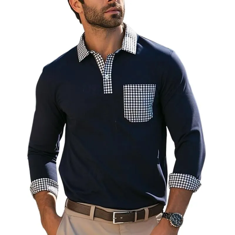 Men's Lapel Plaid Stitching Long Sleeve POLO Shirt 38535473X sold by Manly