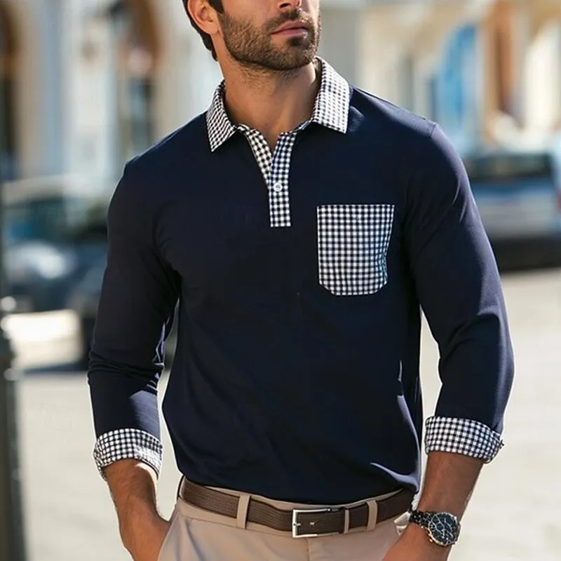 Men's Lapel Plaid Stitching Long Sleeve POLO Shirt 38535473X sold by Manly product image thumbnail 4