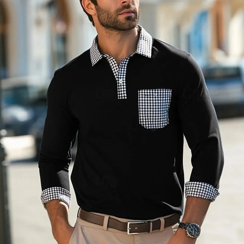 Men's Lapel Plaid Stitching Long Sleeve POLO Shirt 38535473X sold by Manly product image thumbnail 3