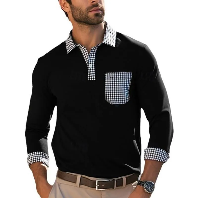 Men's Lapel Plaid Stitching Long Sleeve POLO Shirt 38535473X sold by Manly product image thumbnail 2