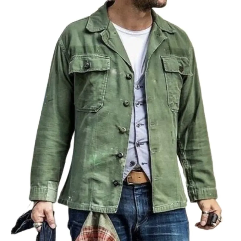 Men's Casual Outdoor Cotton Washed Distressed Lapel Single Breasted Shirt Jacket 24500367M sold by Manly