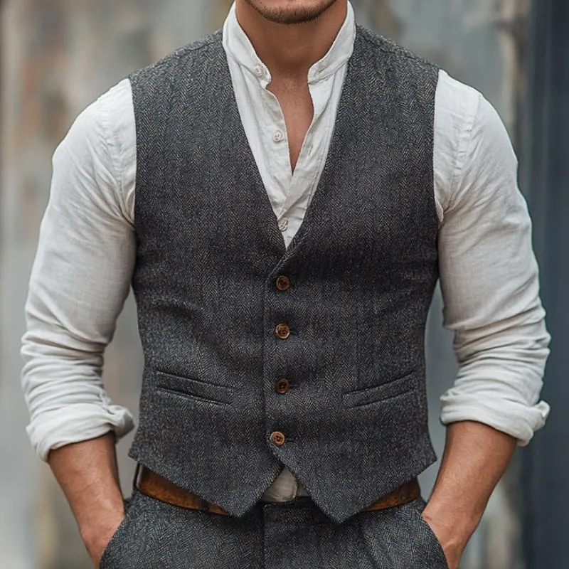 Men's Vintage Herringbone V-neck Single-breasted Slim Fit Suit Vest 65793362M sold by Manly product image thumbnail 3