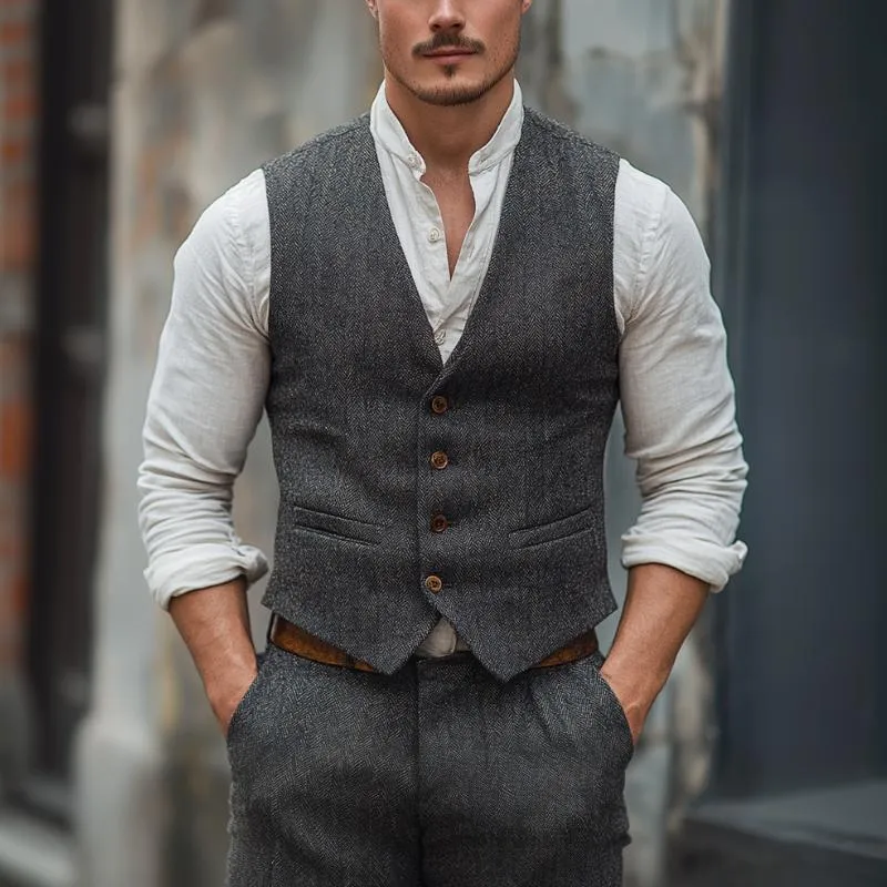 Men's Vintage Herringbone V-neck Single-breasted Slim Fit Suit Vest 65793362M sold by Manly product image thumbnail 2