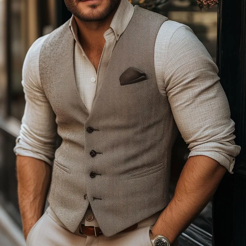 Men's Vintage Herringbone V-neck Single-breasted Slim Fit Suit Vest 60083563M sold by Manly product image thumbnail 3