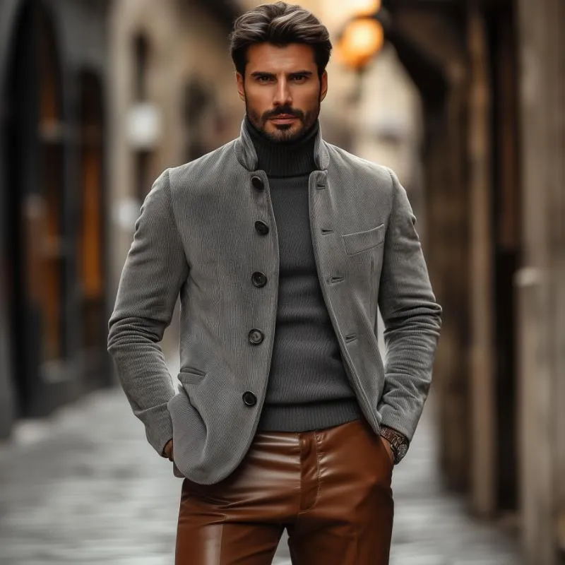 Men's Vintage Corduroy Stand Collar Single Breasted Slim Fit Blazer 16899077M sold by Manly product image thumbnail 3