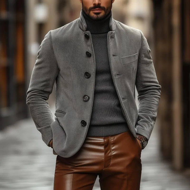 Men's Vintage Corduroy Stand Collar Single Breasted Slim Fit Blazer 16899077M sold by Manly product image thumbnail 2