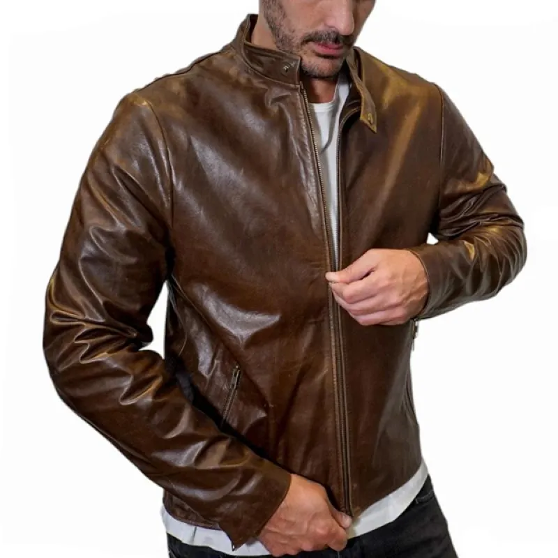 Men's Fashion Leather Stand Collar Zipper Biker Jacket 47104396Z sold by Manly