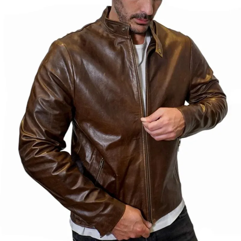 Men's Fashion Leather Stand Collar Zipper Biker Jacket 47104396Z sold by Manly