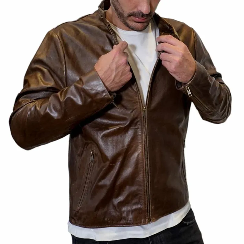 Men's Fashion Leather Stand Collar Zipper Biker Jacket 47104396Z sold by Manly product image thumbnail 4
