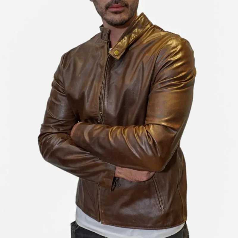 Men's Fashion Leather Stand Collar Zipper Biker Jacket 47104396Z sold by Manly product image thumbnail 3