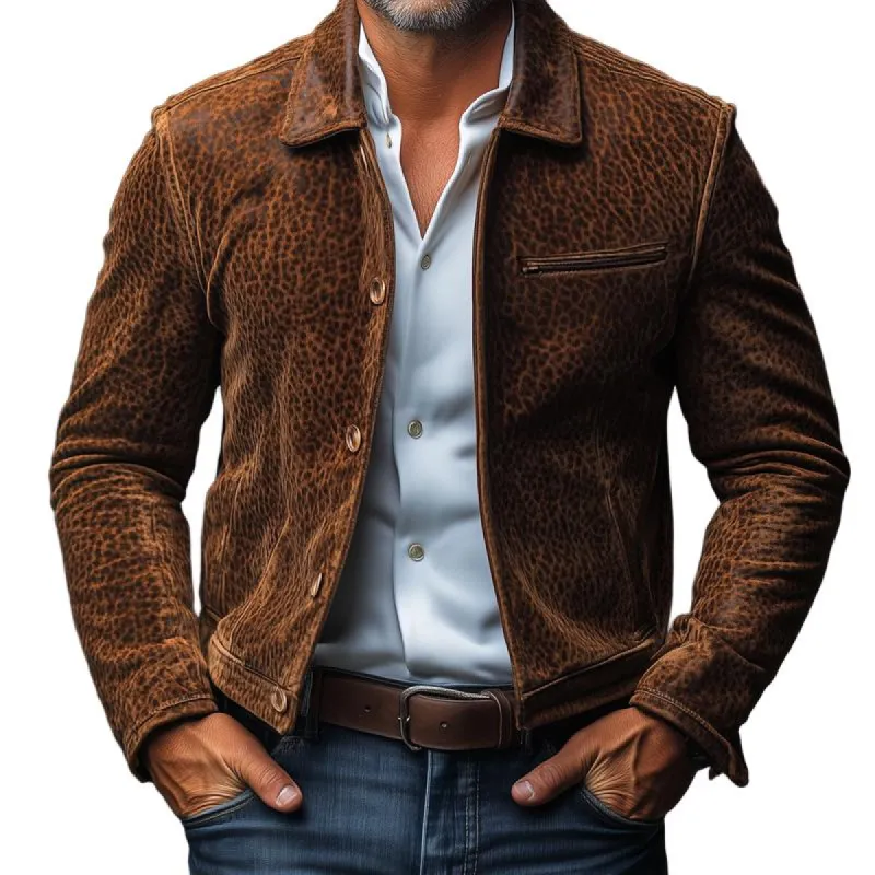 Men's Vintage Leopard Suede Lapel Multi-pocket Single Breasted Jacket 85443327Z sold by Manly