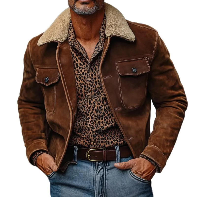 Men's Vintage Suede Fleece Lapel Chest Pocket Single Breasted Jacket 34414535Z sold by Manly