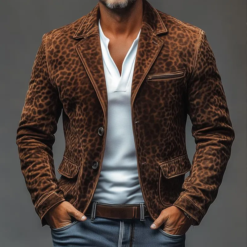 Men's Vintage Leopard Suede Notch Lapel Multi-pocket Single Breasted Blazer 51590562Z sold by Manly product image thumbnail 2