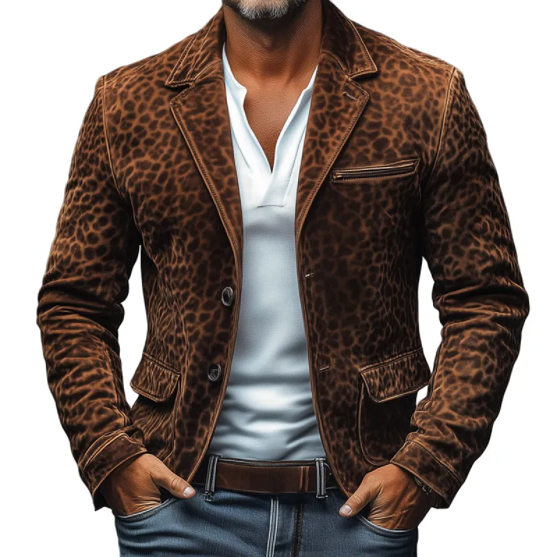 Men's Vintage Leopard Suede  Notch Lapel Multi-pocket Single Breasted Blazer 51590562Z sold by Manly