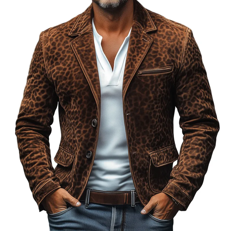 Men's Vintage Leopard Suede Notch Lapel Multi-pocket Single Breasted Blazer 51590562Z sold by Manly