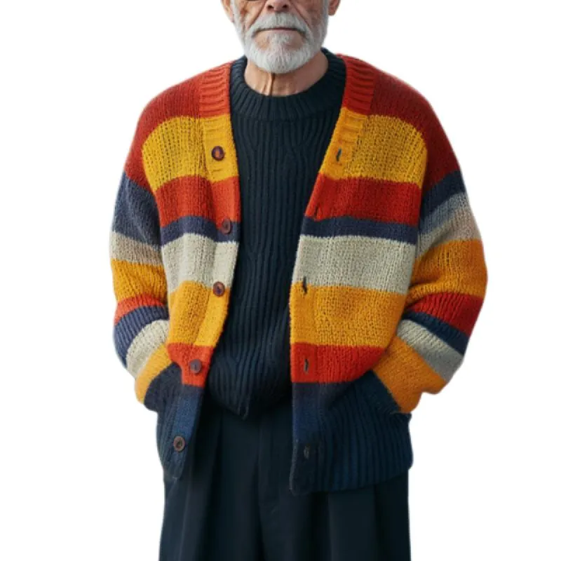 Men's Vintage Colorful Striped Stitching Collarless Knitted Cardigan 31249352Y sold by Manly