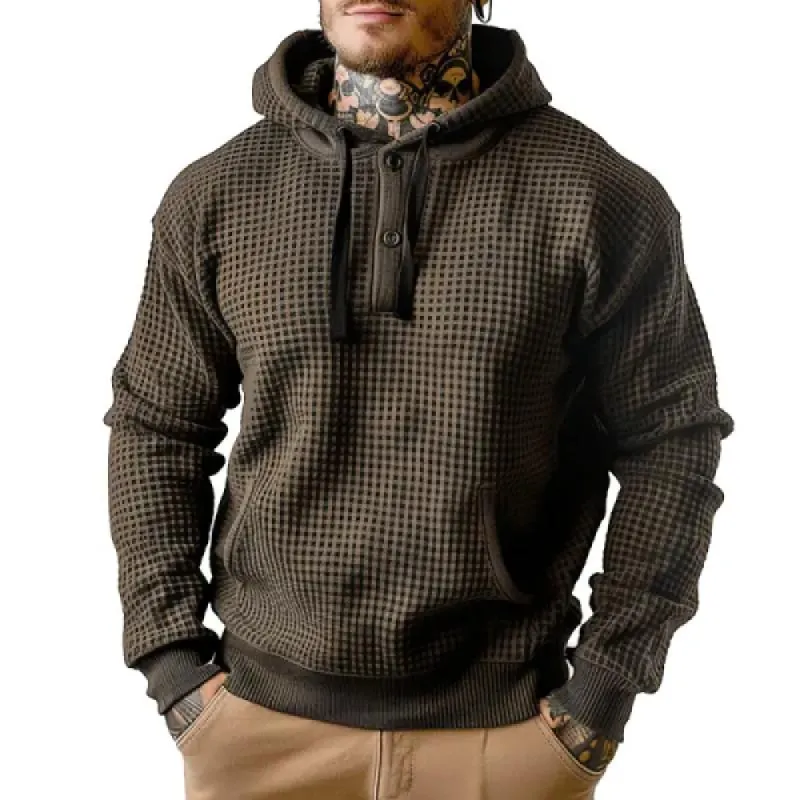 Men's Retro Waffle Kangaroo Pocket Button Hoodie 12493279Y sold by Manly
