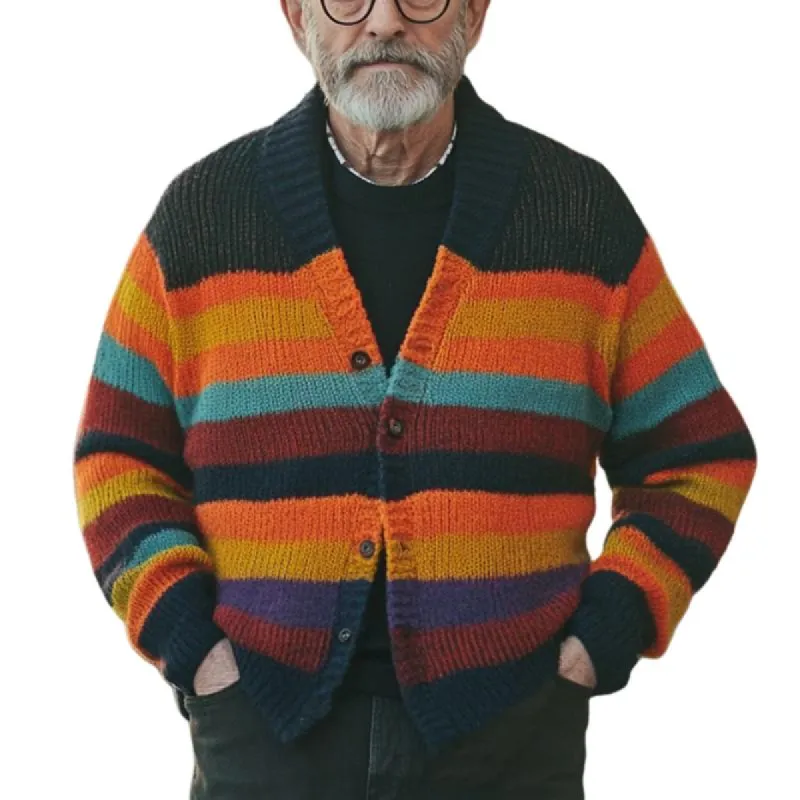 Men's Retro Color Striped Stitching Collarless Single-Breasted Knitted Cardigan 68159384Y sold by Manly
