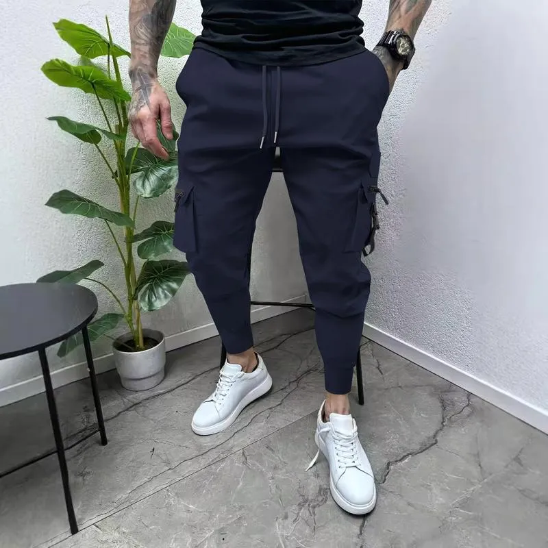 Men's Solid Multi-pocket Elastic Waist Cargo Pants 97473915Z sold by Manly product image thumbnail 2