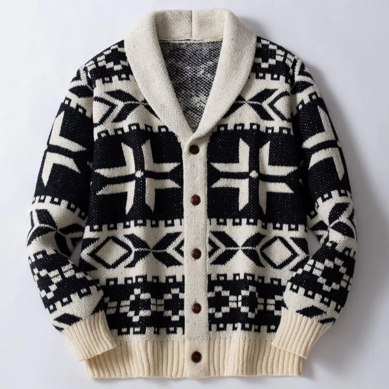 Men's Vintage Heavy Jacquard Thick Lapel Single Breasted Knitted Cardigan 56101181M sold by Manly product image thumbnail 3