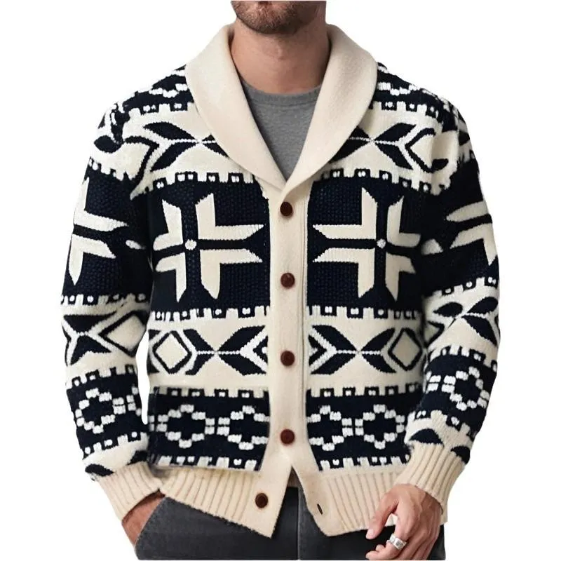 Men's Vintage Heavy Jacquard Thick Lapel Single Breasted Knitted Cardigan 56101181M sold by Manly