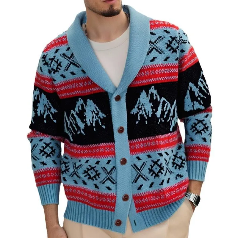 Men's Vintage Contrast Jacquard Lapel Single Breasted Knit Cardigan 17776549M sold by Manly
