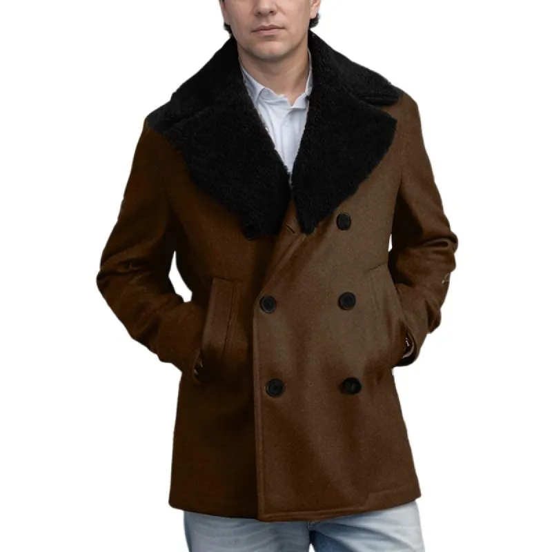 Men's Solid Color Double-Breasted Fur Collar Wool Coat 31282957Y sold by Manly