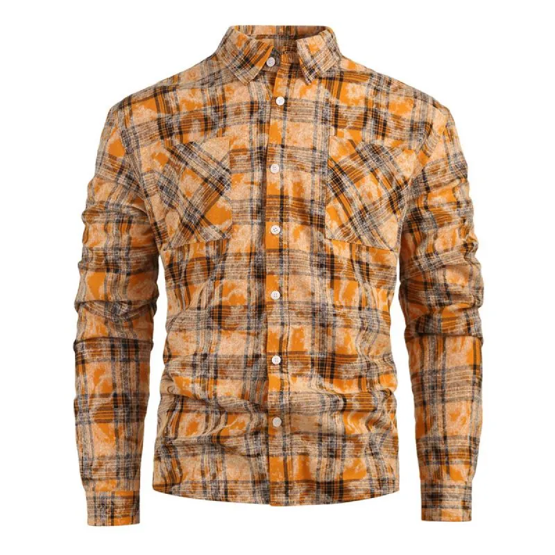 Men's Printed Lapel Long Sleeve Plaid Shirt 61272557X sold by Manly