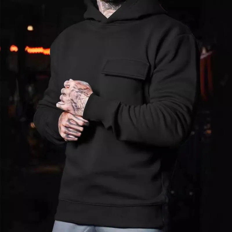 Men's Solid Color Loose Chest Pocket Long Sleeve Hoodie 94421177Z sold by Manly product image thumbnail 3