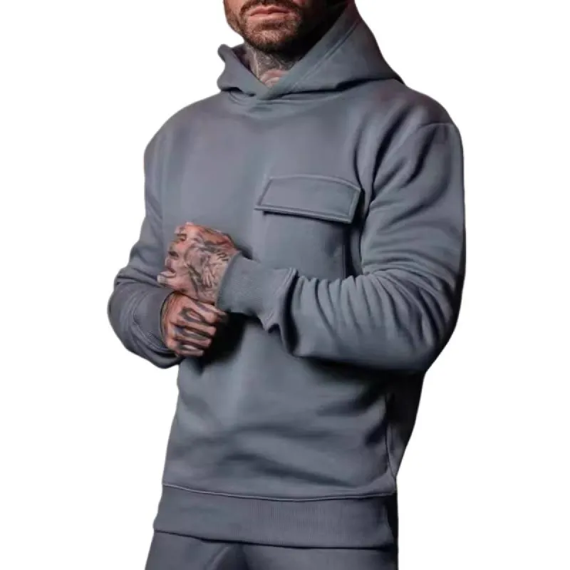 Men's Solid Color Loose Chest Pocket Long Sleeve Hoodie 94421177Z sold by Manly