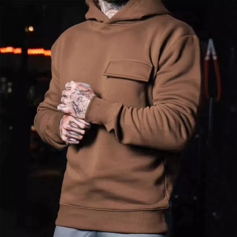 Men's Solid Color Loose Chest Pocket Long Sleeve Hoodie 94421177Z sold by Manly product image thumbnail 4