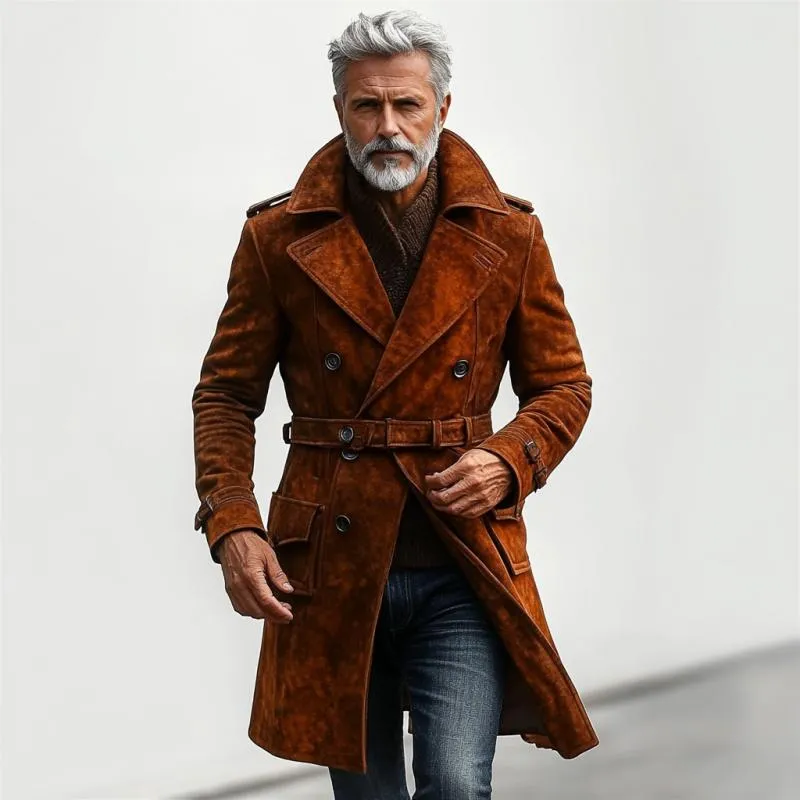 Men's Vintage Suede Lapel Double Breasted Belted Trench Coat 04571217Y sold by Manly product image thumbnail 4