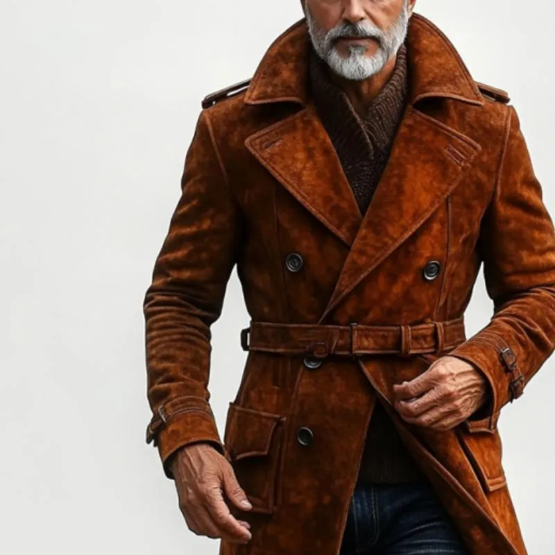 Men's Vintage Suede Lapel Double Breasted Belted Trench Coat 04571217Y sold by Manly product image thumbnail 3