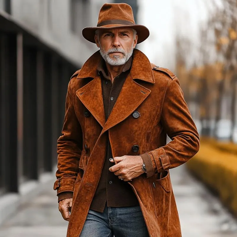 Men's Vintage Suede Lapel Double Breasted Belted Trench Coat 04571217Y sold by Manly product image thumbnail 2