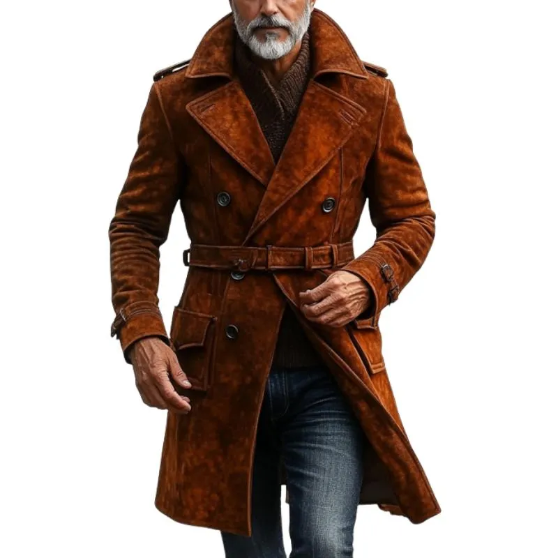 Men's Vintage Suede Lapel Double Breasted Belted Trench Coat 04571217Y sold by Manly