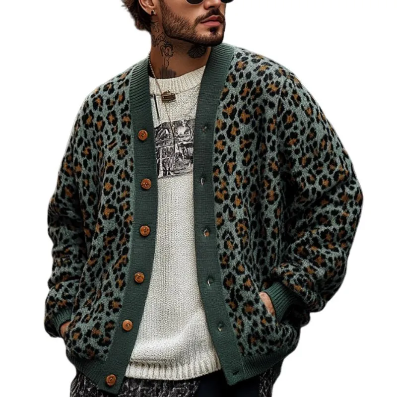 Men's Vintage Leopard Jacquard Colorblock Single Breasted Cardigan 23865460Y sold by Manly