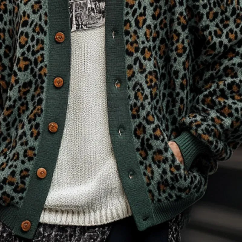 Men's Vintage Leopard Jacquard Colorblock Single Breasted Cardigan 23865460Y sold by Manly product image thumbnail 2