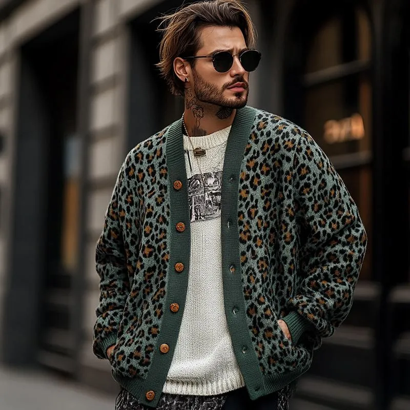 Men's Vintage Leopard Jacquard Colorblock Single Breasted Cardigan 23865460Y sold by Manly product image thumbnail 3